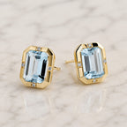 Classic Yellow Gold Bezel Set Emerald Cut Aquamarine Sapphire Stud Earrings For Women