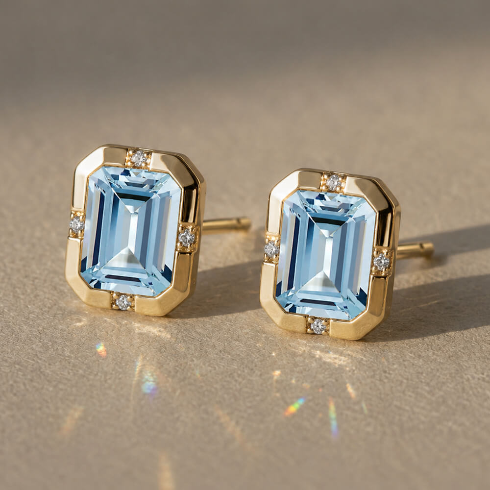 Classic Yellow Gold Bezel Set Emerald Cut Aquamarine Sapphire Stud Earrings For Women