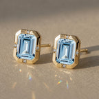 Classic Yellow Gold Bezel Set Emerald Cut Aquamarine Sapphire Stud Earrings For Women