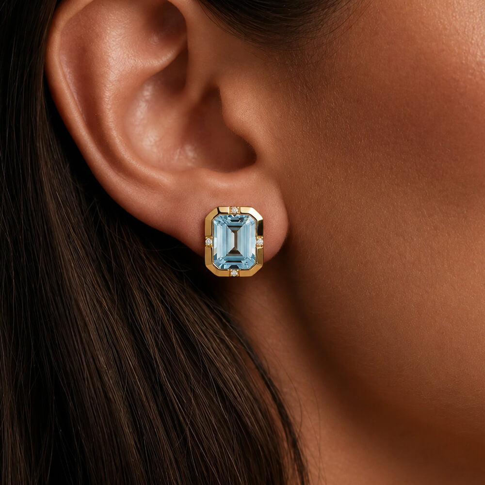 Classic Yellow Gold Bezel Set Emerald Cut Aquamarine Sapphire Stud Earrings For Women