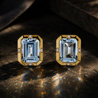 Classic Yellow Gold Bezel Set Emerald Cut Aquamarine Sapphire Stud Earrings For Women