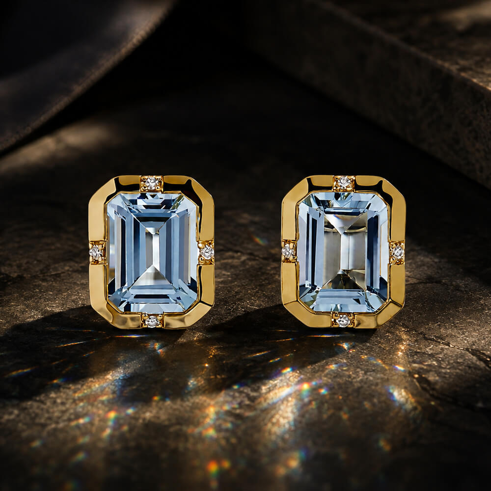 Classic Yellow Gold Bezel Set Emerald Cut Aquamarine Sapphire Stud Earrings For Women