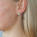 Classic Yellow Gold Bezel Set Emerald Cut Aquamarine Sapphire Stud Earrings For Women