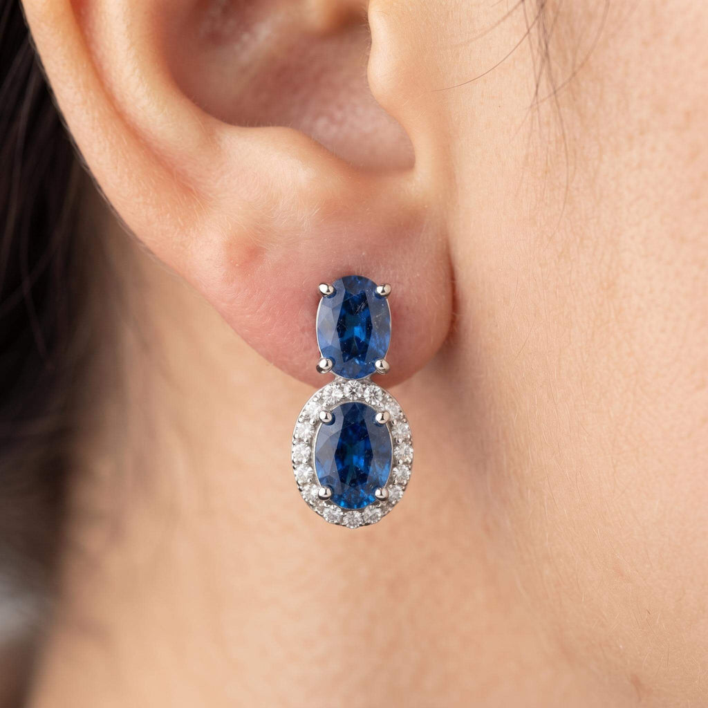 Luxury Halo Oval Cut Blue Sapphire Drop Earrings For Women