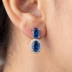 Luxury Halo Oval Cut Blue Sapphire Drop Earrings For Women