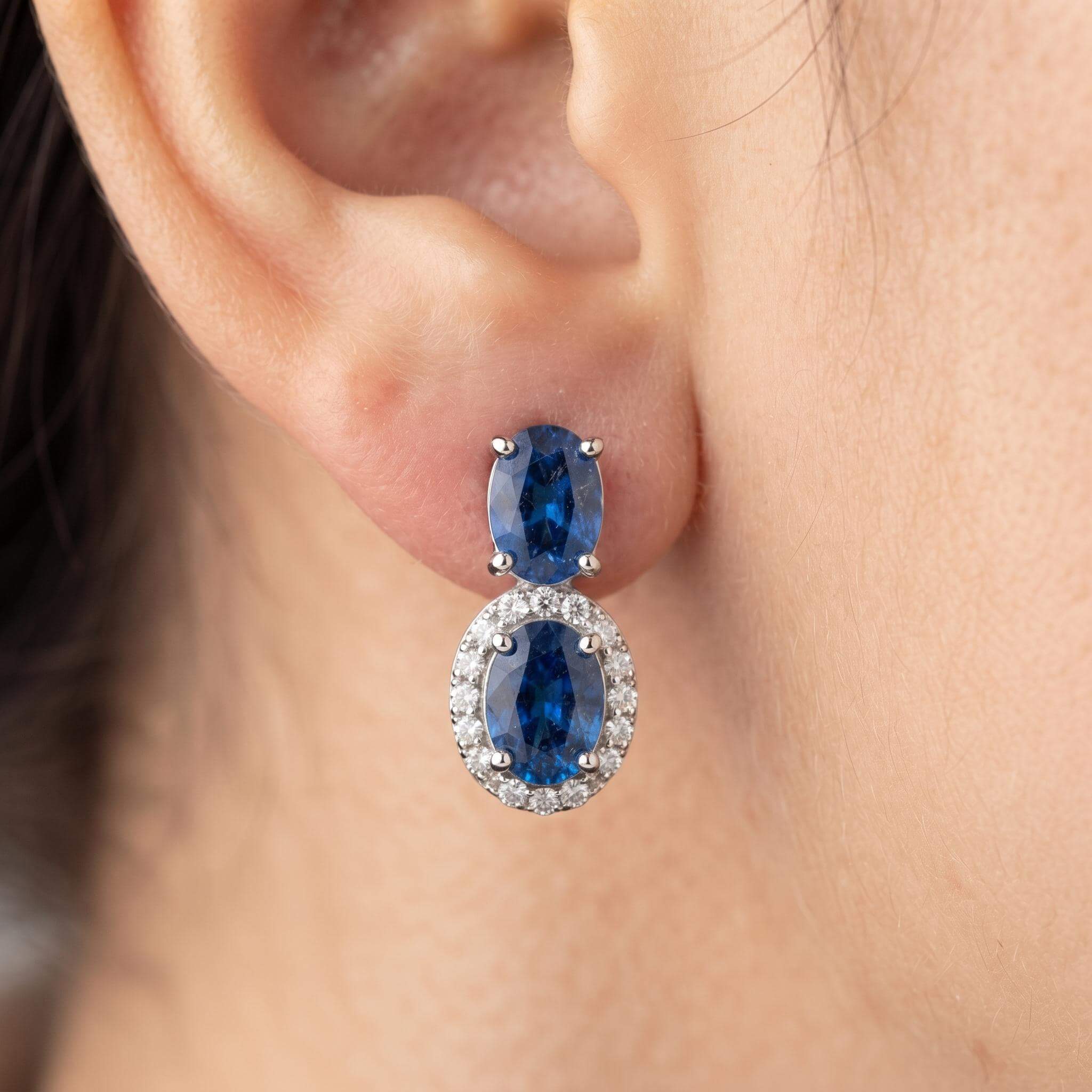 Luxury Halo Oval Cut Blue Sapphire Drop Earrings For Women