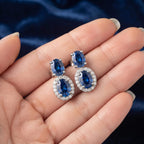 Luxury Halo Oval Cut Blue Sapphire Drop Earrings For Women