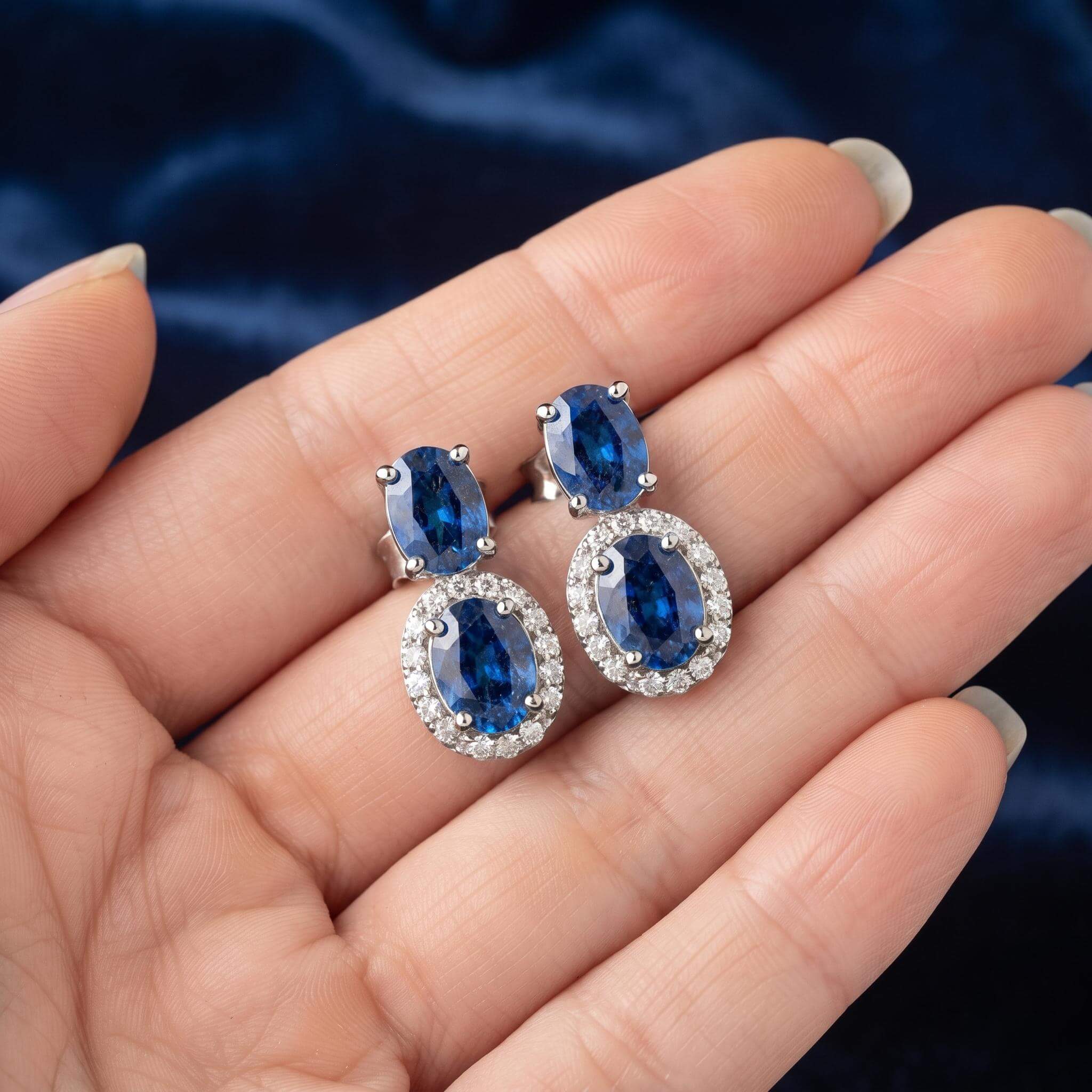 Luxury Halo Oval Cut Blue Sapphire Drop Earrings For Women