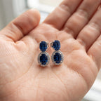 Luxury Halo Oval Cut Blue Sapphire Drop Earrings For Women