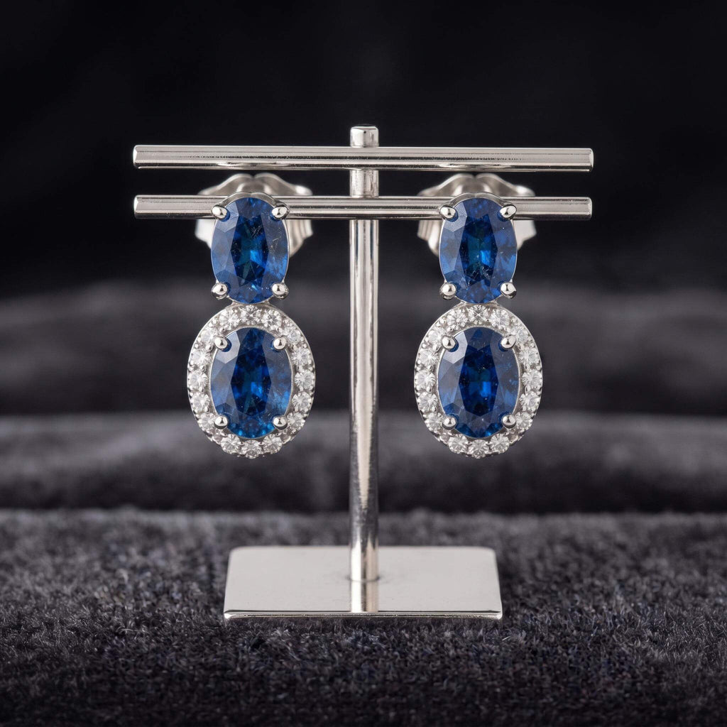 Luxury Halo Oval Cut Blue Sapphire Drop Earrings For Women