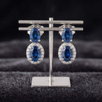 Luxury Halo Oval Cut Blue Sapphire Drop Earrings For Women