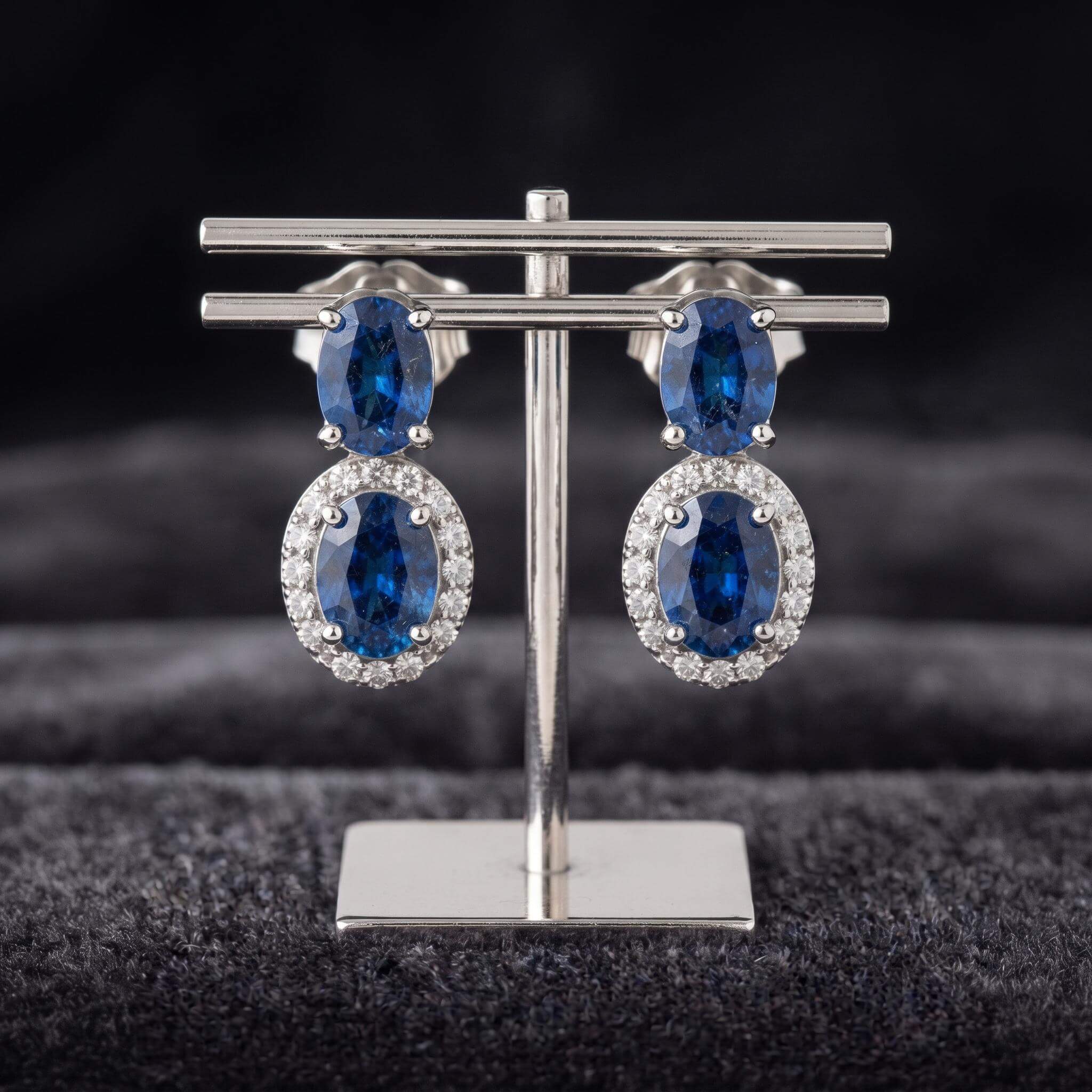 Luxury Halo Oval Cut Blue Sapphire Drop Earrings For Women