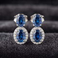 Luxury Halo Oval Cut Blue Sapphire Drop Earrings For Women