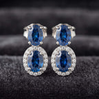 Luxury Halo Oval Cut Blue Sapphire Drop Earrings For Women