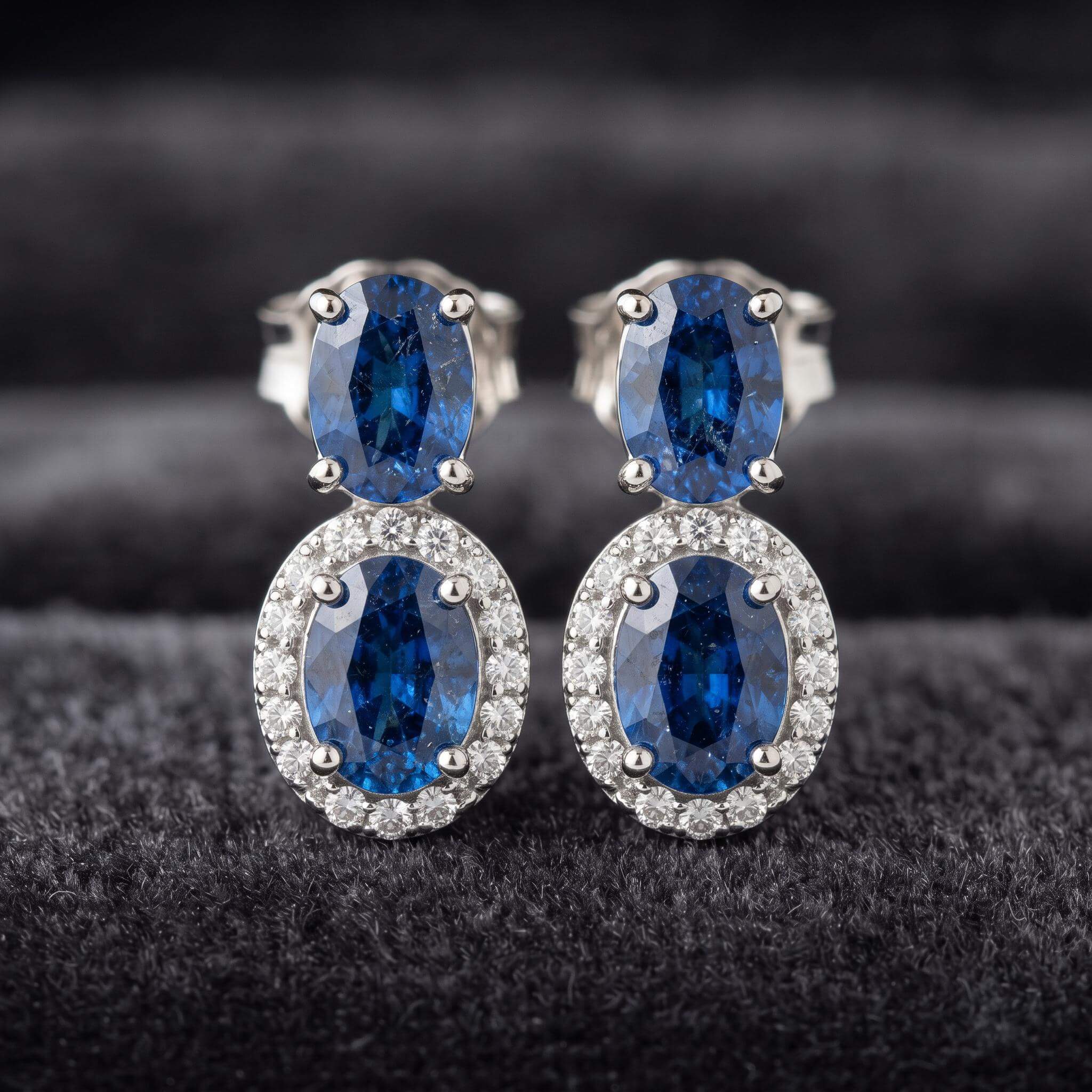 Luxury Halo Oval Cut Blue Sapphire Drop Earrings For Women