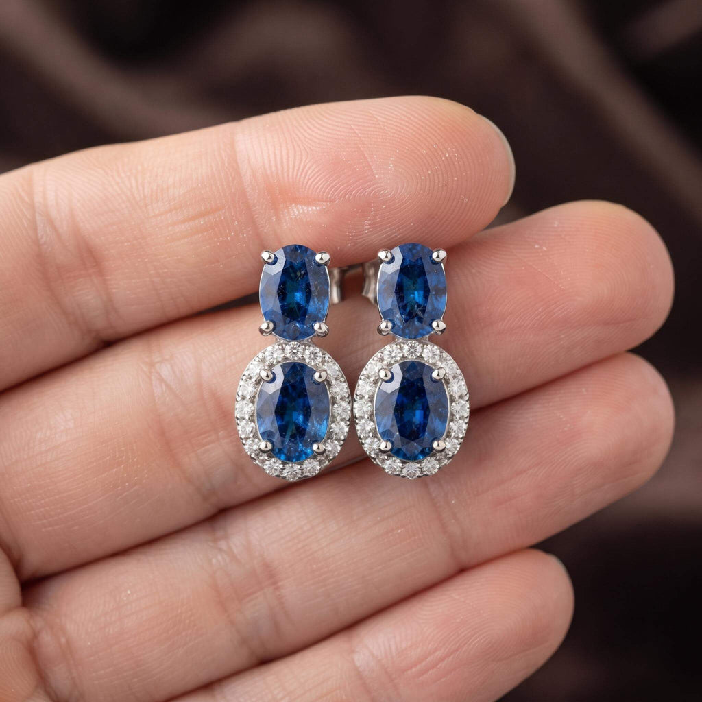 Luxury Halo Oval Cut Blue Sapphire Drop Earrings For Women