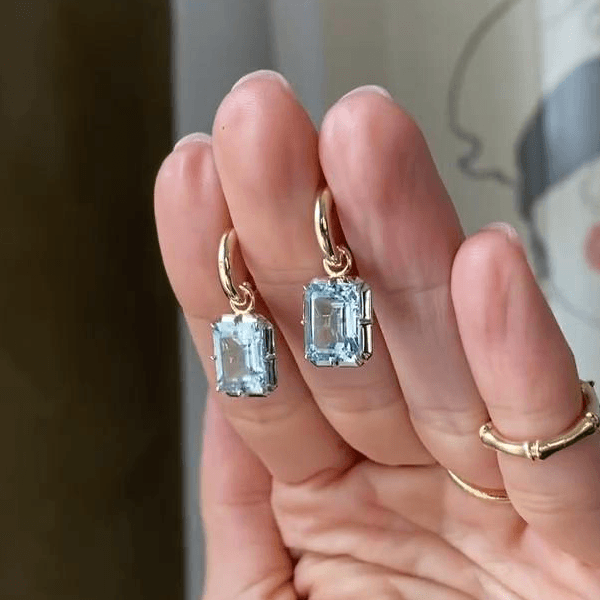 Classic Two Tone Emerald Cut Aquamarine Sapphire Drop Earrings For Women