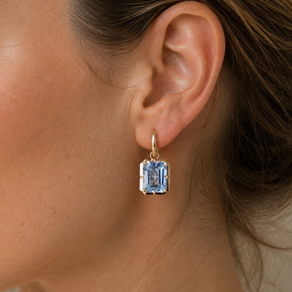 Classic Two Tone Emerald Cut Aquamarine Sapphire Drop Earrings For Women