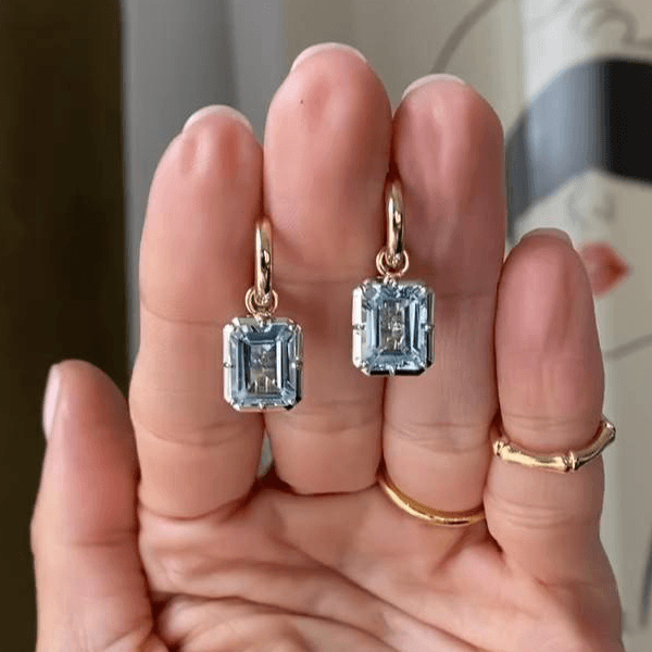 Classic Two Tone Emerald Cut Aquamarine Sapphire Drop Earrings For Women