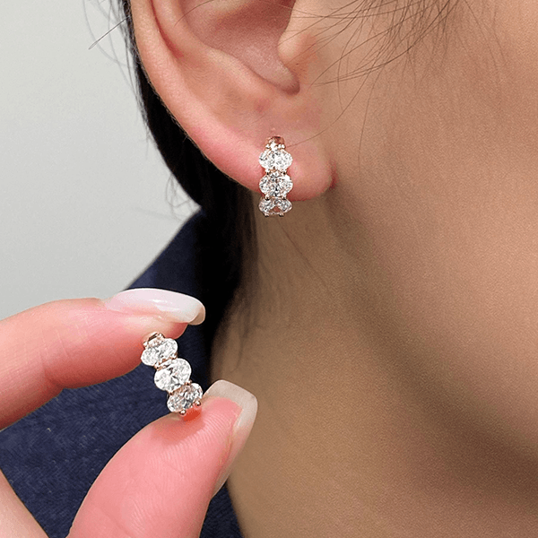 Classic Three Stone Yellow Gold Oval Cut White Sapphire Hoop Earrings For Women