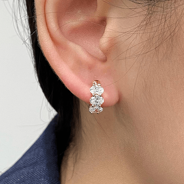 Classic Three Stone Yellow Gold Oval Cut White Sapphire Hoop Earrings For Women