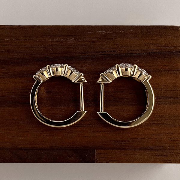 Classic Three Stone Yellow Gold Oval Cut White Sapphire Hoop Earrings For Women