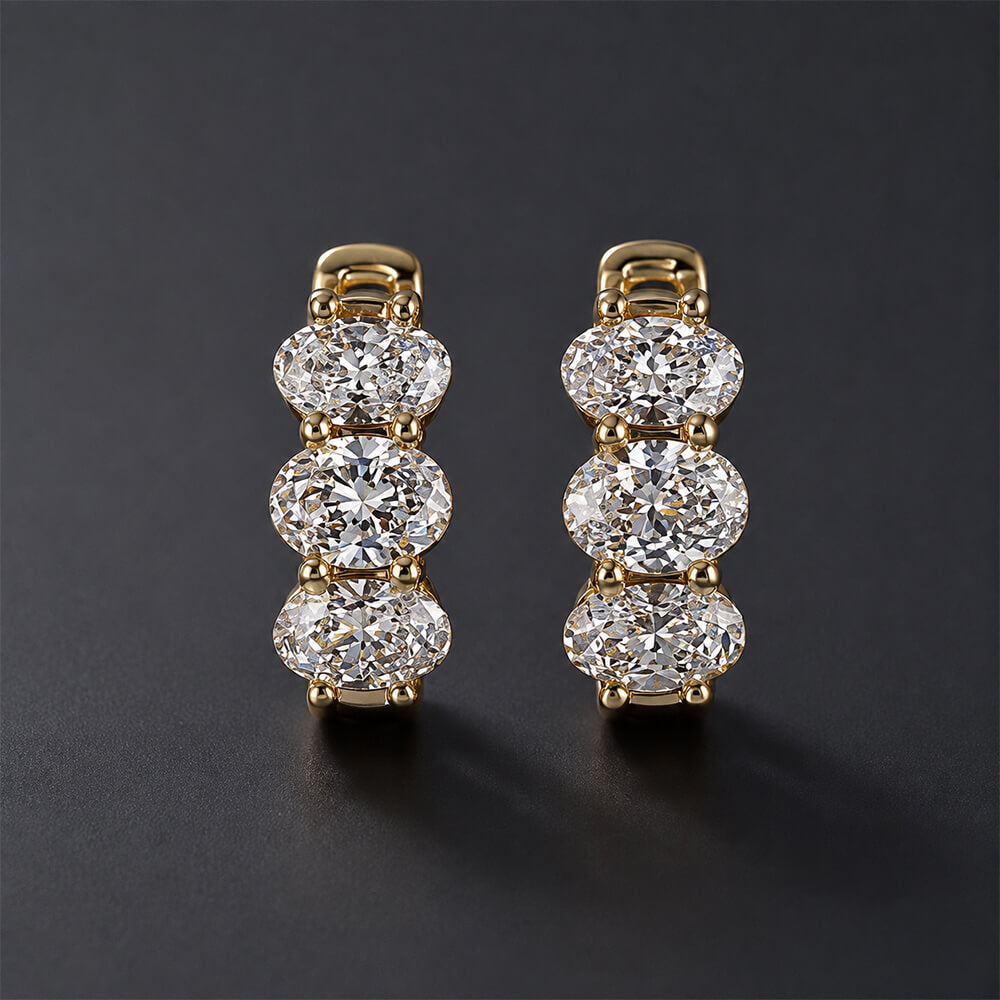 Classic Three Stone Yellow Gold Oval Cut White Sapphire Hoop Earrings For Women