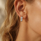 Classic Three Stone Yellow Gold Oval Cut White Sapphire Hoop Earrings For Women