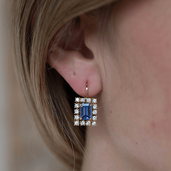 Vintage Halo Yellow Gold Emerald Cut Blue Sapphire Drop Earrings For Women