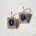 Vintage Halo Yellow Gold Emerald Cut Blue Sapphire Drop Earrings For Women