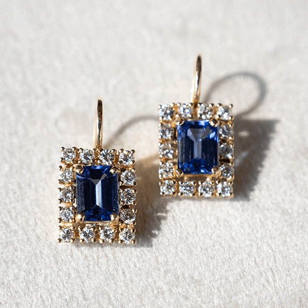 Vintage Halo Yellow Gold Emerald Cut Blue Sapphire Drop Earrings For Women