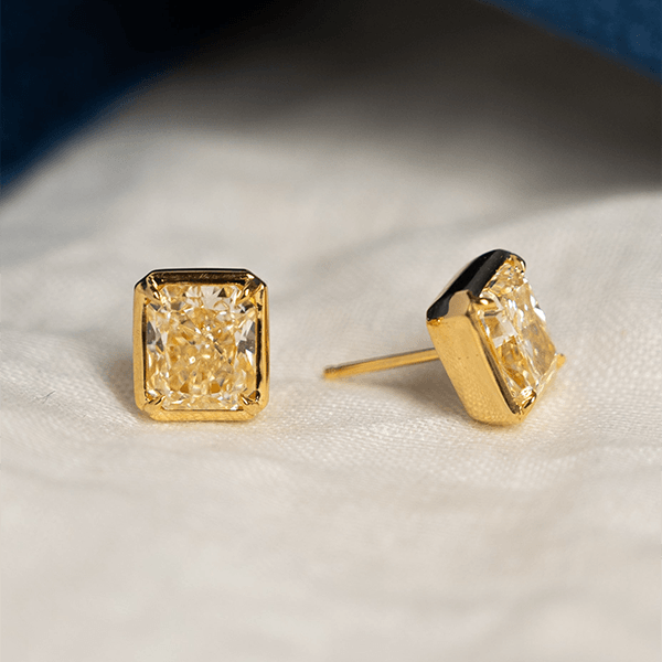 Classic Solitaire Yellow Gold Radiant Cut Canary Sapphire Stud Earrings For Women