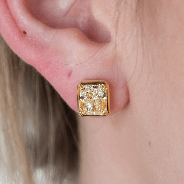 Classic Solitaire Yellow Gold Radiant Cut Canary Sapphire Stud Earrings For Women