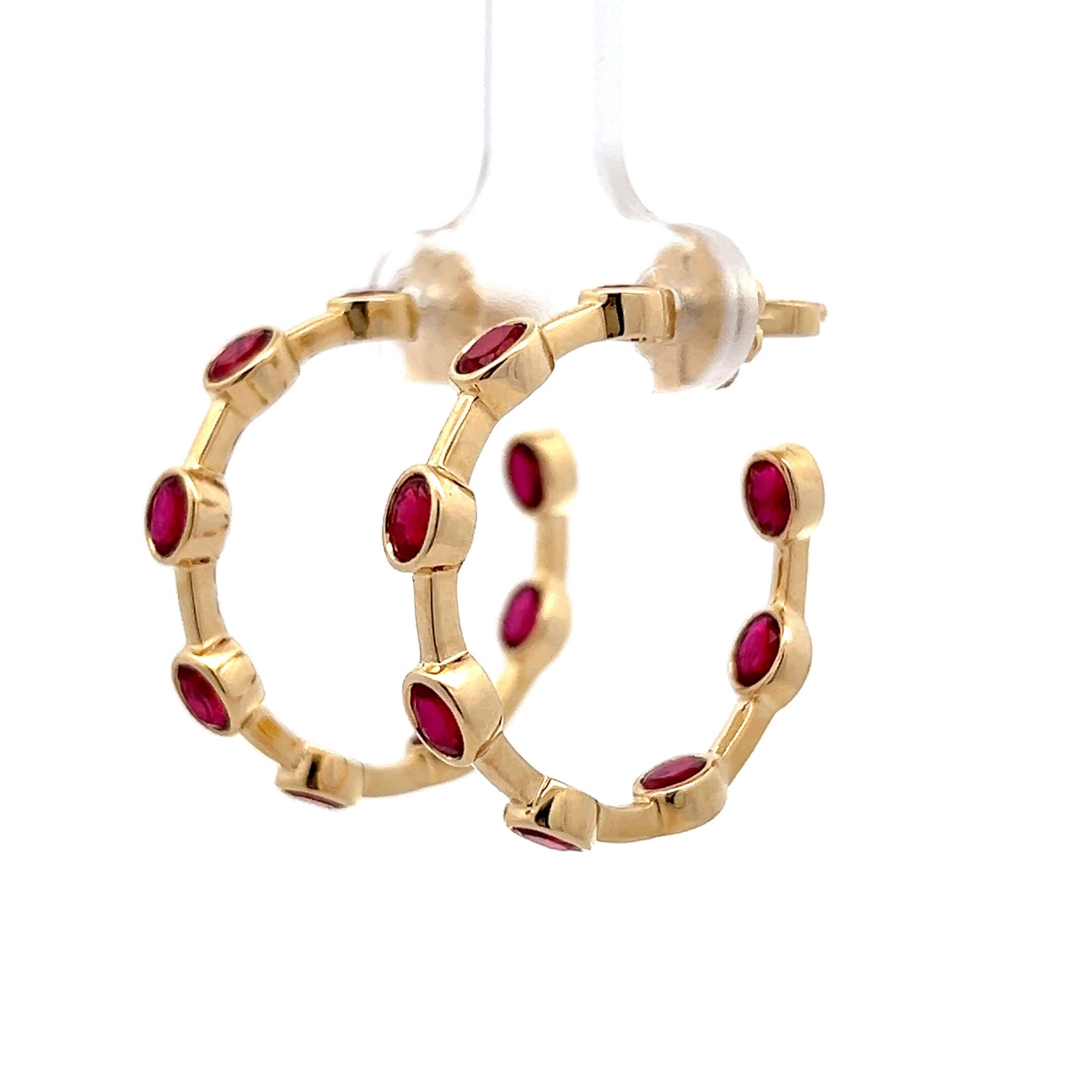 Bezel Setting Yellow Gold Oval Cut Ruby Sapphire Hoop Earrings For Women