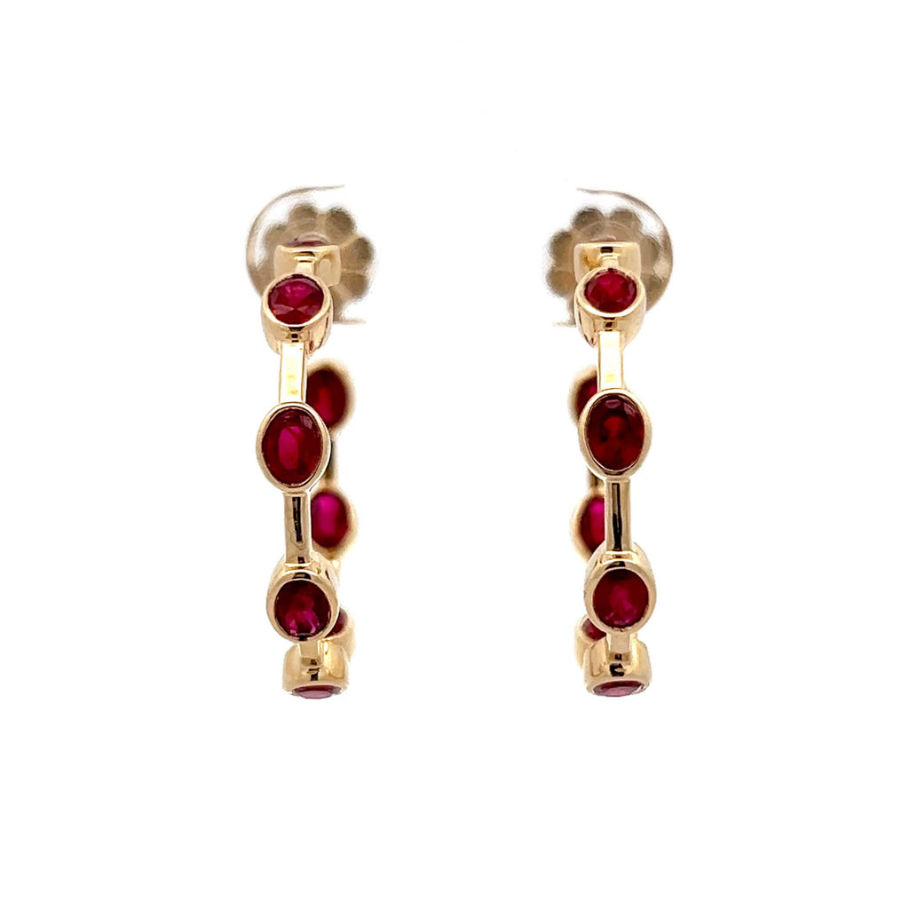 Bezel Setting Yellow Gold Oval Cut Ruby Sapphire Hoop Earrings For Women