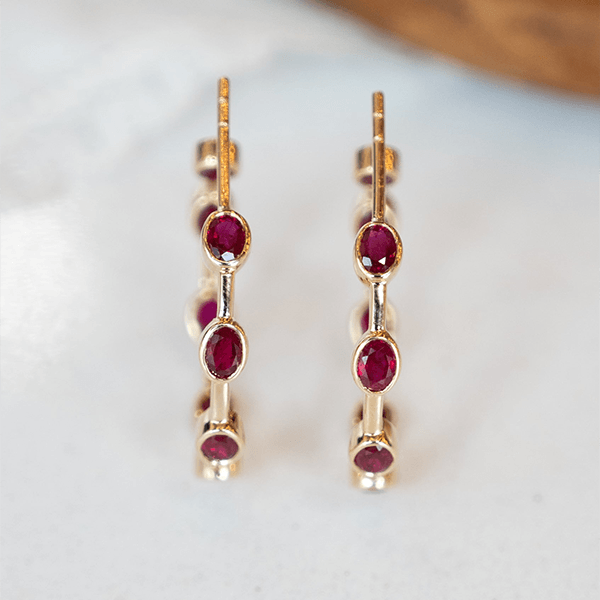 Bezel Setting Yellow Gold Oval Cut Ruby Sapphire Hoop Earrings For Women