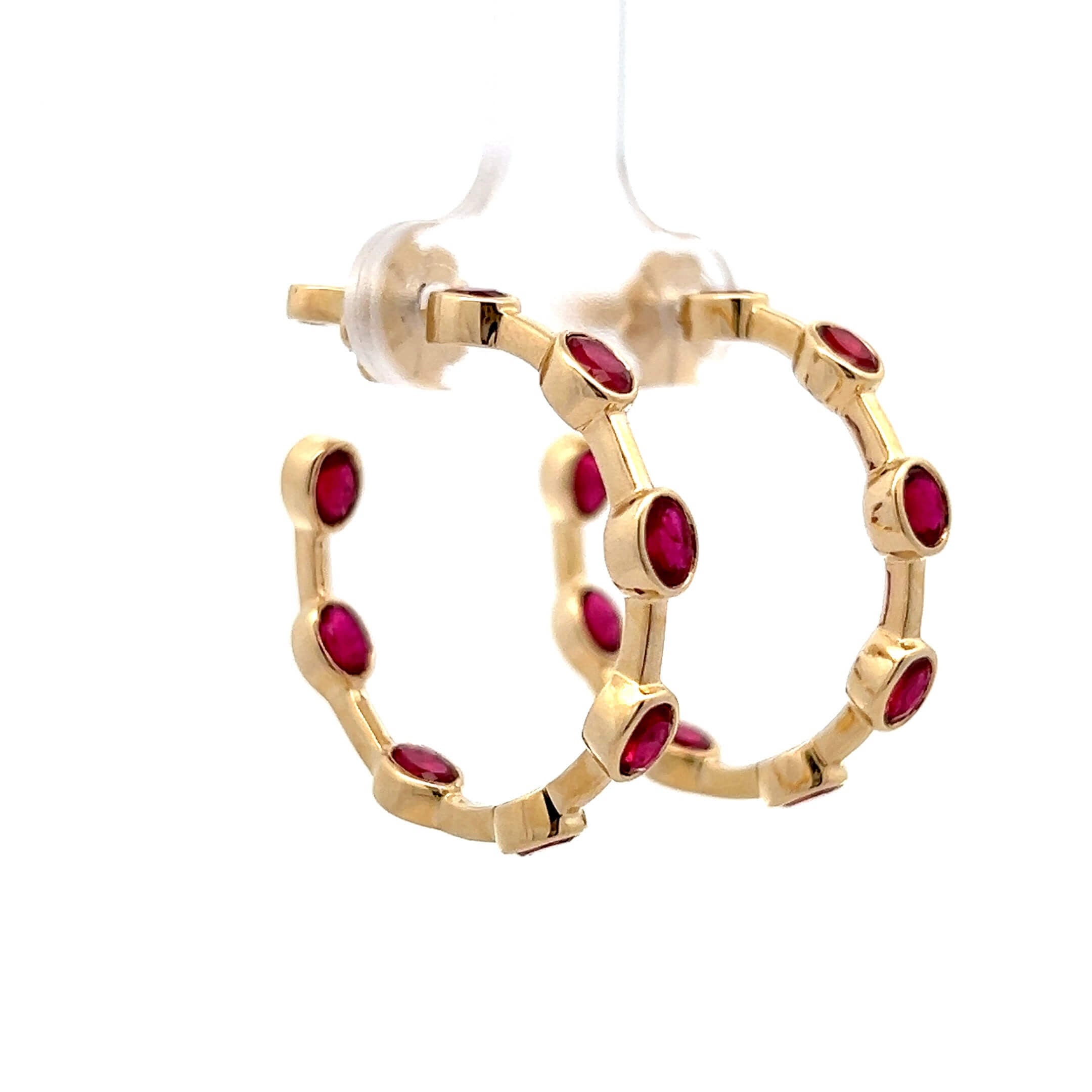 Bezel Setting Yellow Gold Oval Cut Ruby Sapphire Hoop Earrings For Women