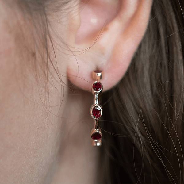 Bezel Setting Yellow Gold Oval Cut Ruby Sapphire Hoop Earrings For Women