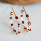 Bezel Setting Yellow Gold Oval Cut Ruby Sapphire Hoop Earrings For Women