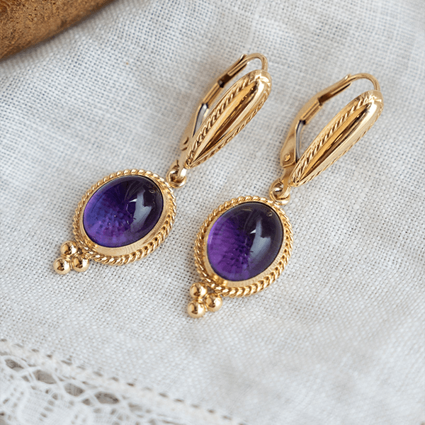 Vintage Bezel Yellow Gold Oval Cabochon Cut Amethyst Sapphire Drop Earrings For Women