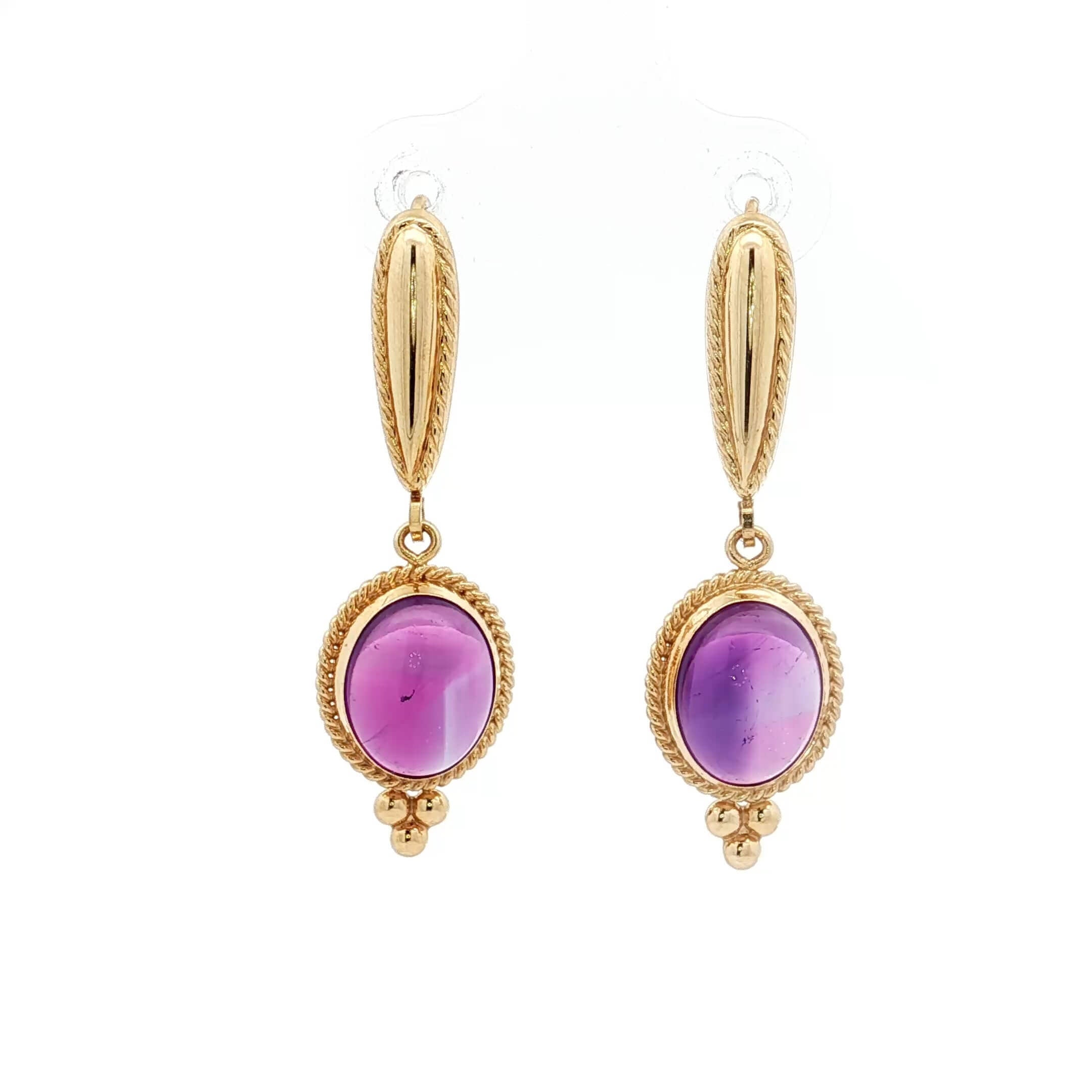 Vintage Bezel Yellow Gold Oval Cabochon Cut Amethyst Sapphire Drop Earrings For Women