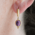 Vintage Bezel Yellow Gold Oval Cabochon Cut Amethyst Sapphire Drop Earrings For Women