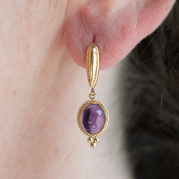 Vintage Bezel Yellow Gold Oval Cabochon Cut Amethyst Sapphire Drop Earrings For Women