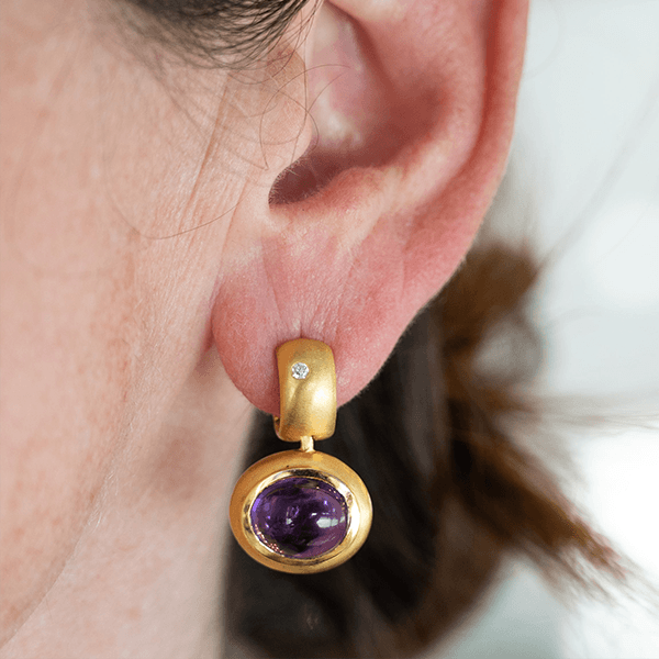 Vintage Bezel Yellow Gold Oval Cut Amethyst Sapphire Hoop Earrings For Women
