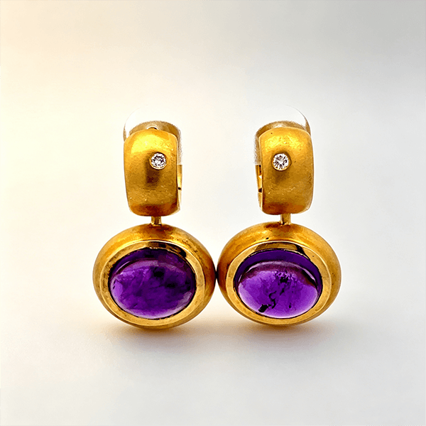 Vintage Bezel Yellow Gold Oval Cut Amethyst Sapphire Hoop Earrings For Women
