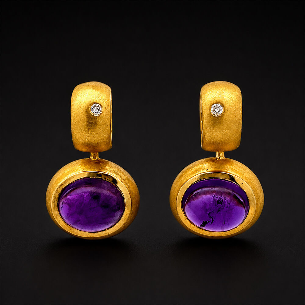 Vintage Bezel Yellow Gold Oval Cut Amethyst Sapphire Hoop Earrings For Women