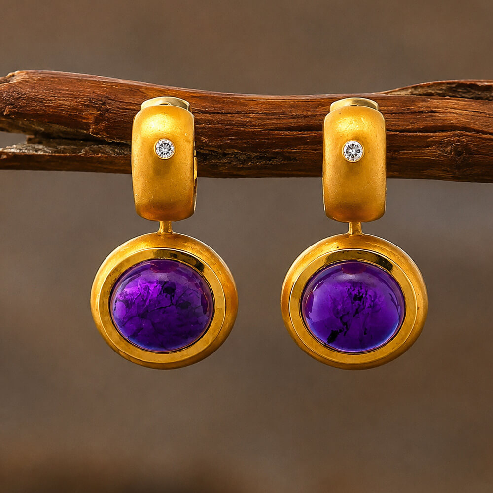 Vintage Bezel Yellow Gold Oval Cut Amethyst Sapphire Hoop Earrings For Women