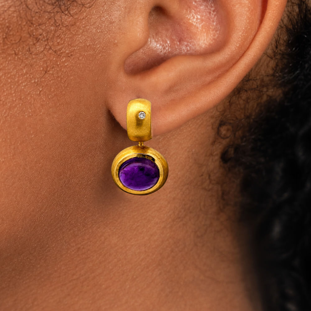 Vintage Bezel Yellow Gold Oval Cut Amethyst Sapphire Hoop Earrings For Women