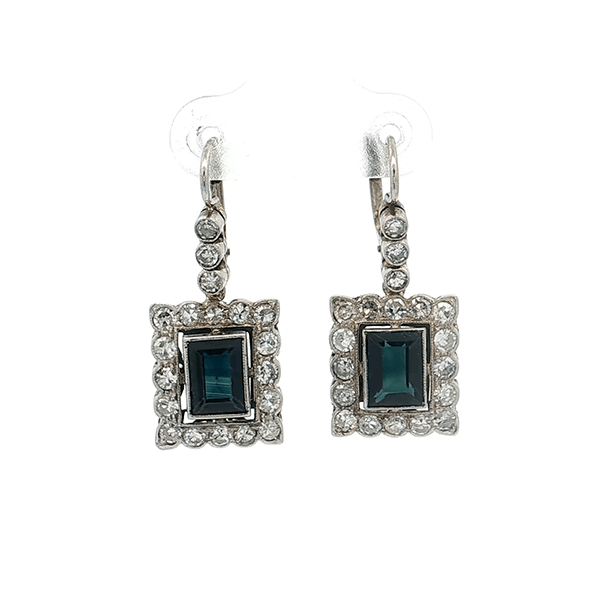 Vintage Halo Emerald Cut Blue Sapphire Drop Earrings For Women
