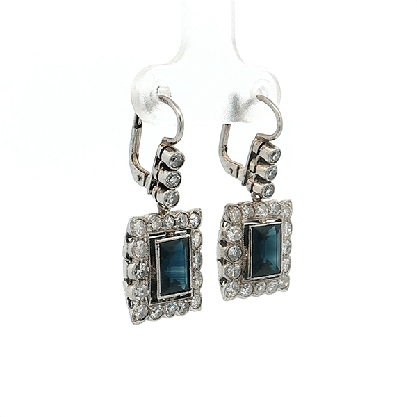 Vintage Halo Emerald Cut Blue Sapphire Drop Earrings For Women